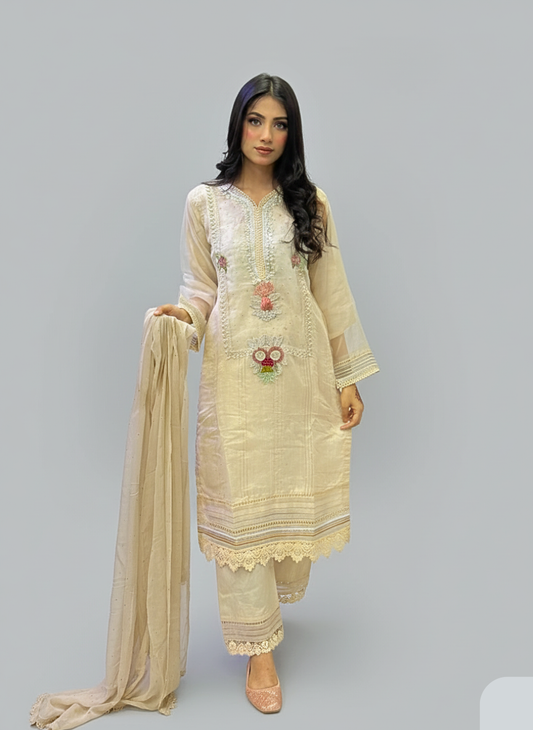 Luxury 3PC Embroidered Formal Suit Light Yellow