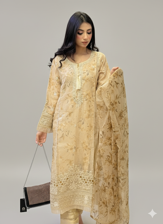 Luxury 3PC Embroidered Formal Suit Yellow Fancy